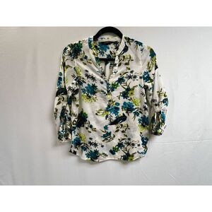 Ginger Womens V-neck Roll-tab Button-front Shirt in Blue Blouse White Floral L
